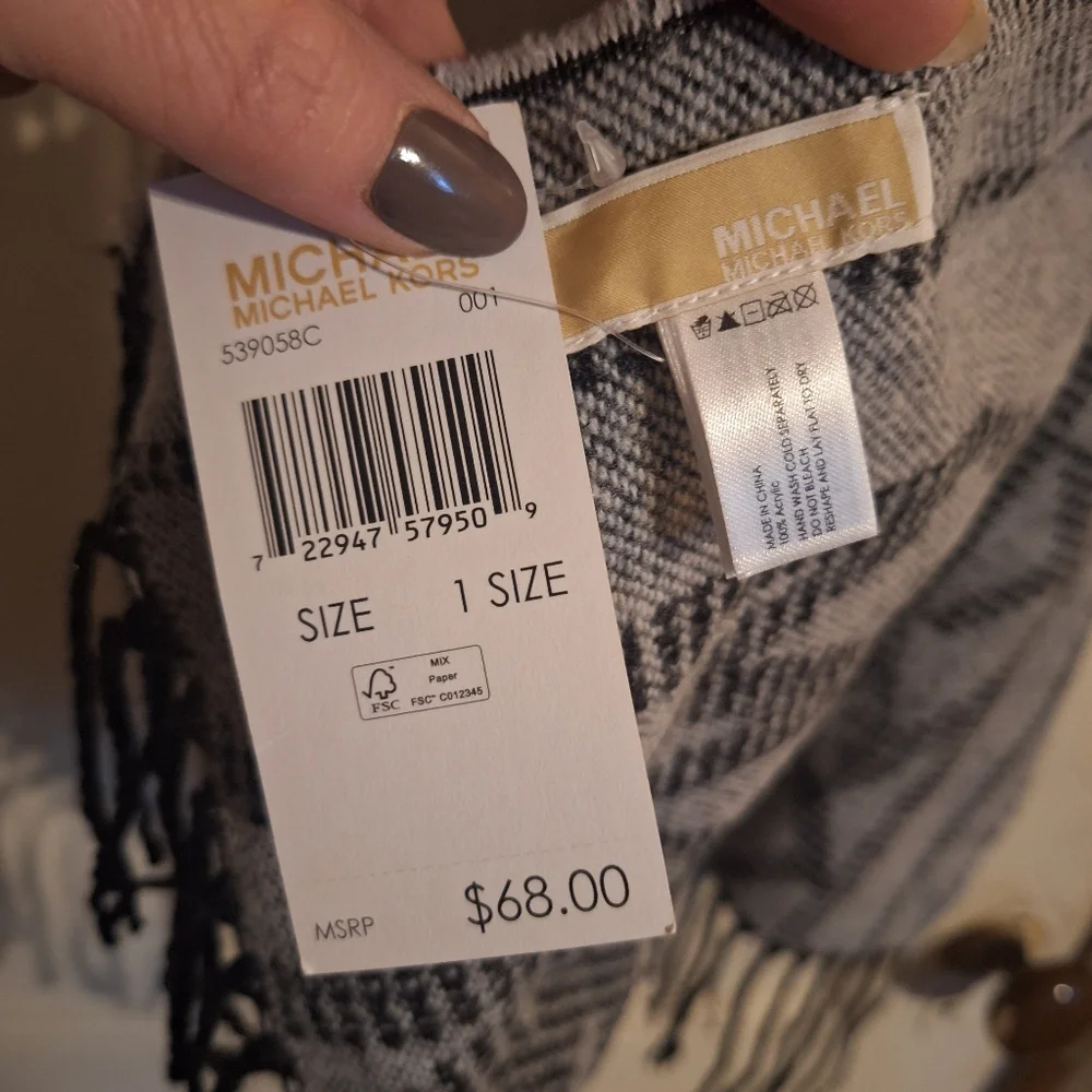Michael Kors Scarf Wrap MK Logo Monogram Black Gray Acrylic Fringe NWT 25 X 78